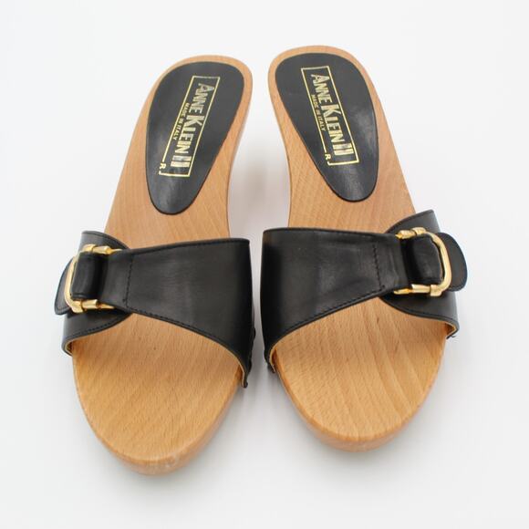 Anne Klein Y2K Wood Chunky Clog Womens 7.5 Black Sandal Slip On Buckle Italy - Picture 4 of 9